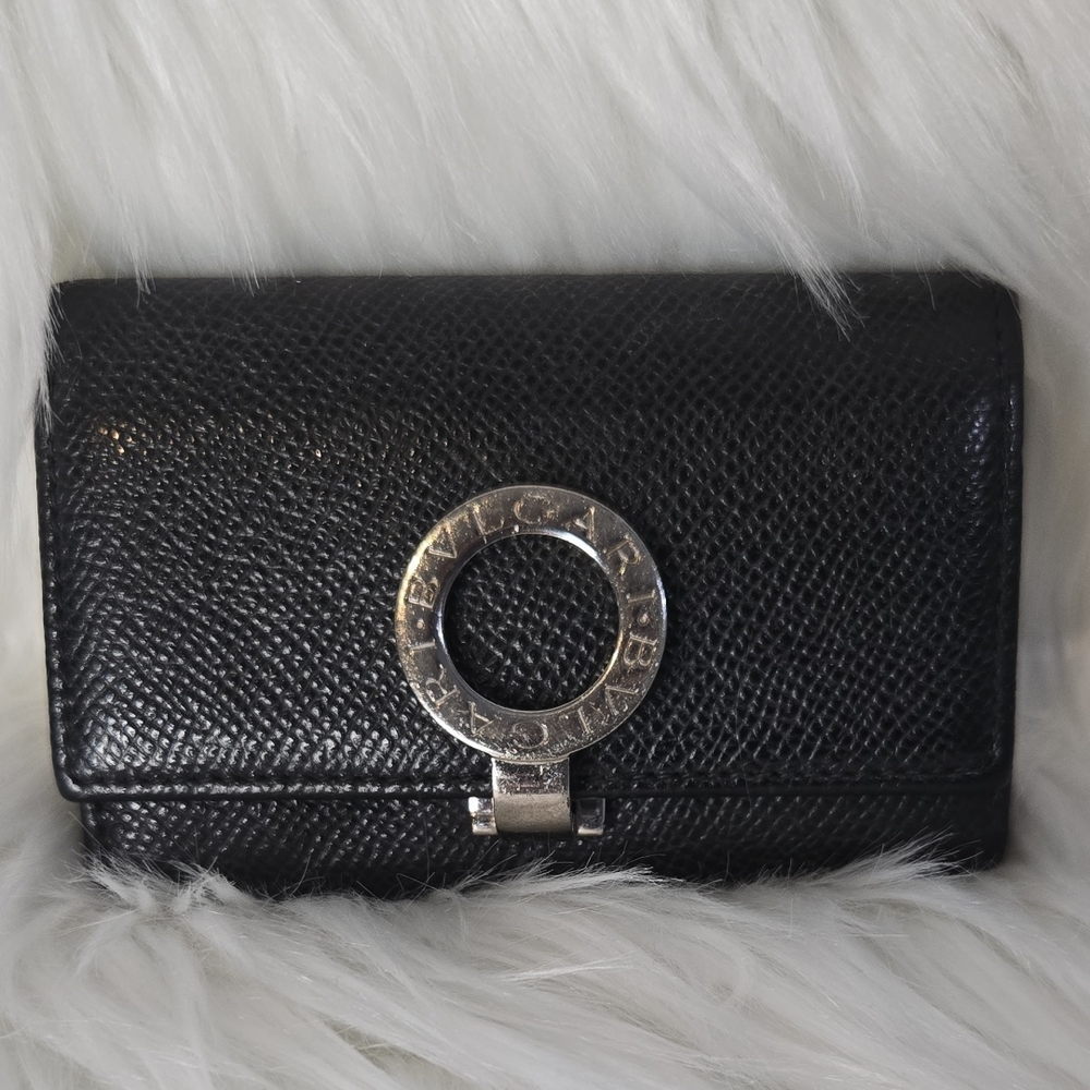Bulgari Pebbled Leather Keychain Wallet Black